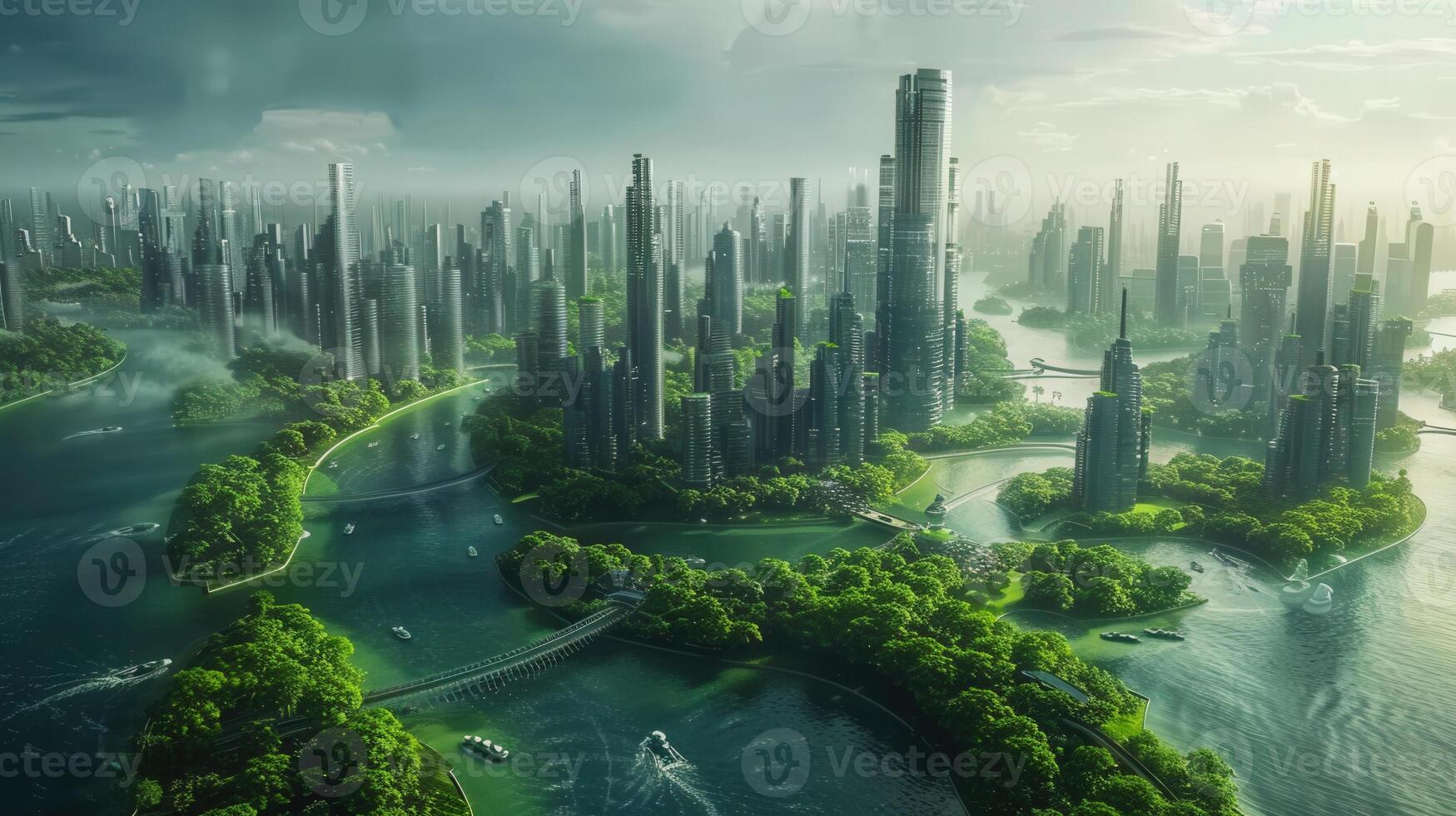 Spectacular view of a futuristic cityscape featuring skyscrapers and waterways. photo