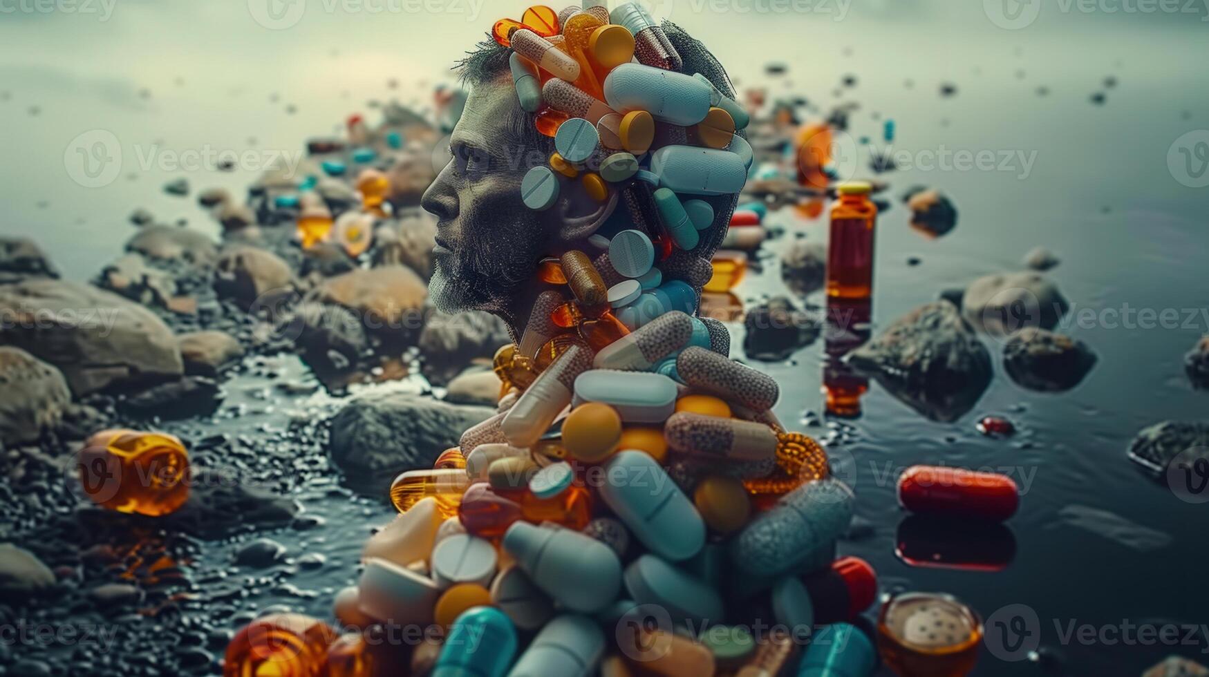 A person's silhouette composed of pills stands in the water, representing wellness and mental health. photo