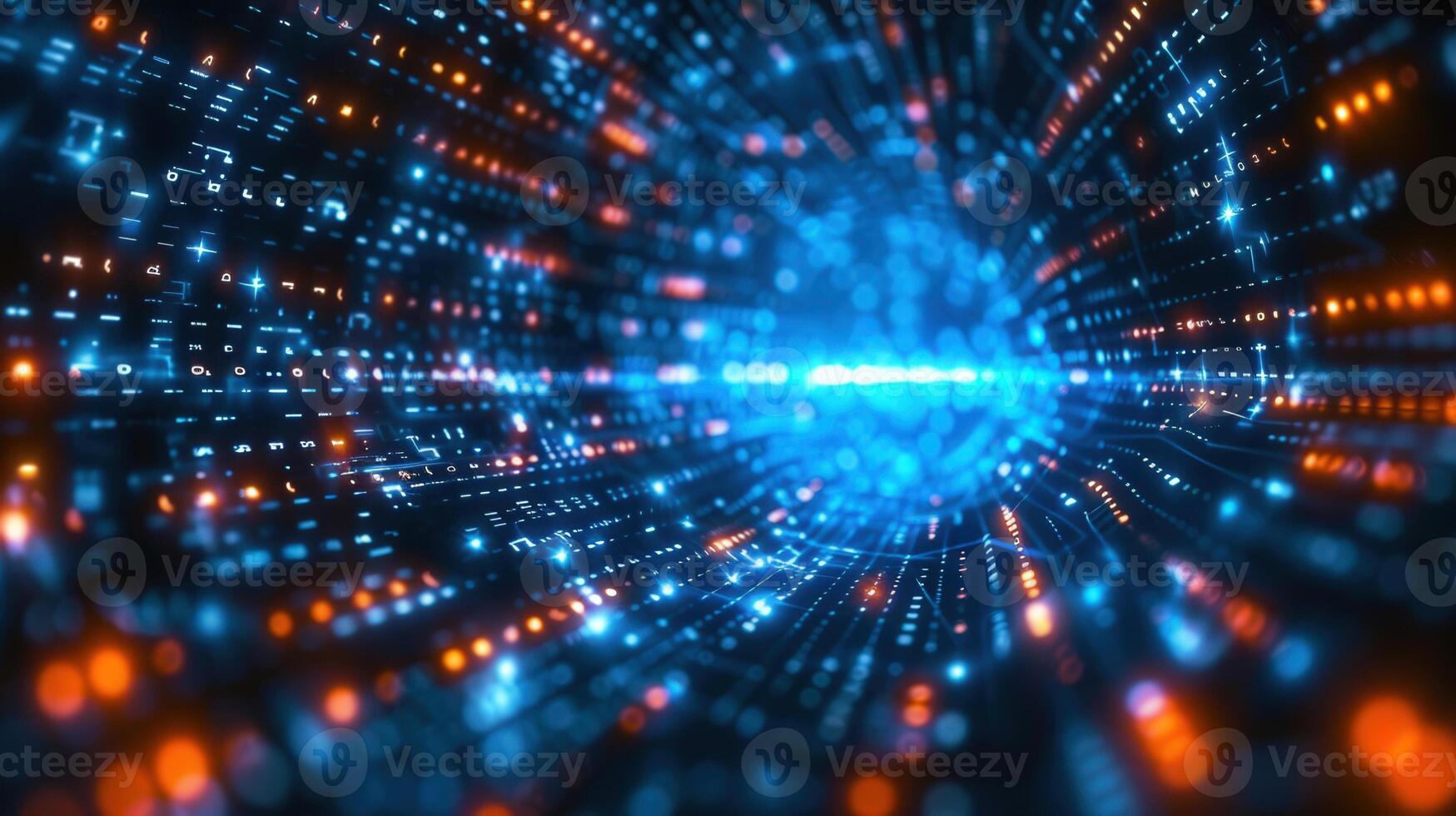 Abstract digital tunnel with glowing blue and orange lights, conveying data flow and technology. photo