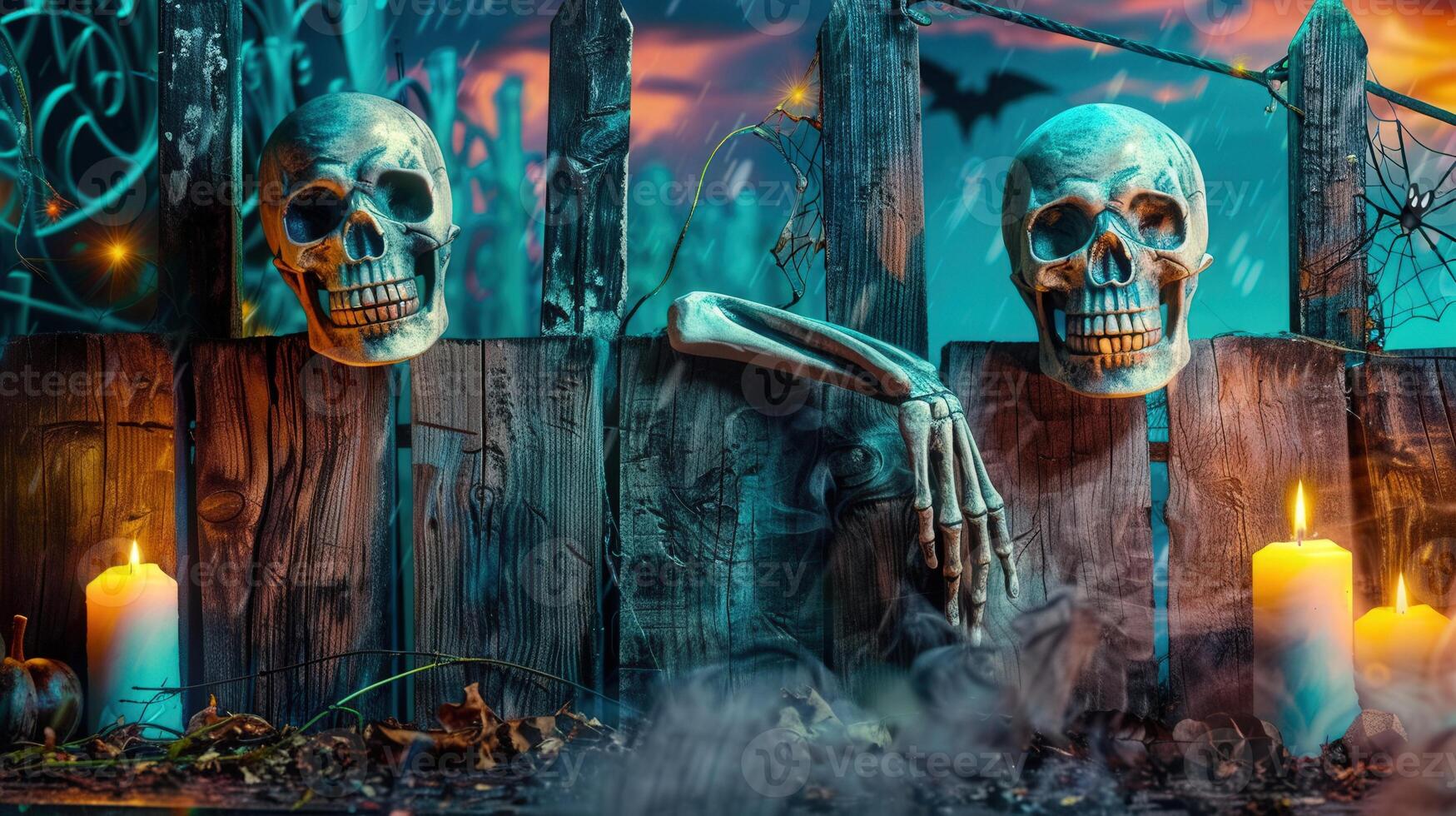 A chilling halloween scene featuring skulls, candles, and a skeleton hand over a fence at night. photo
