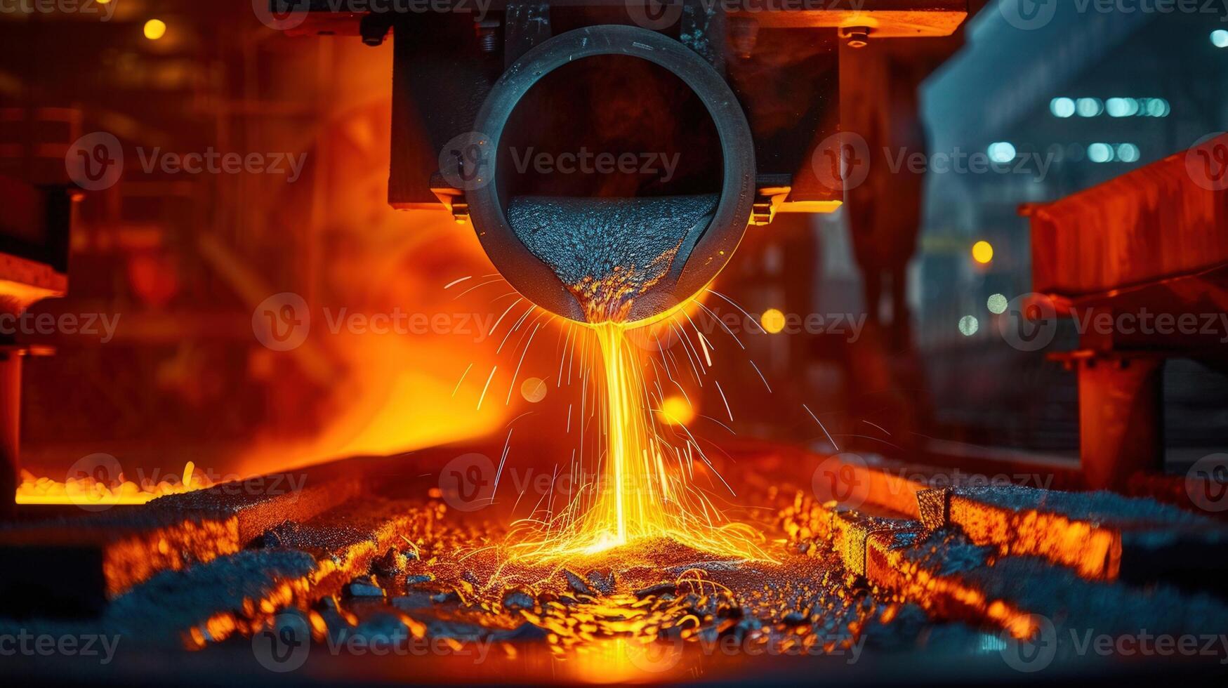 A stream of molten metal pouring from a pipe in a factory setting, with sparks flying. photo