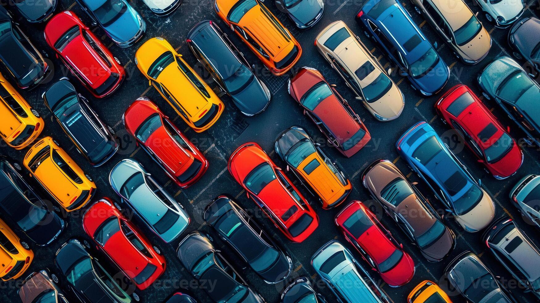 Aerial perspective of a packed parking lot showcasing an array of colorful vehicles. photo