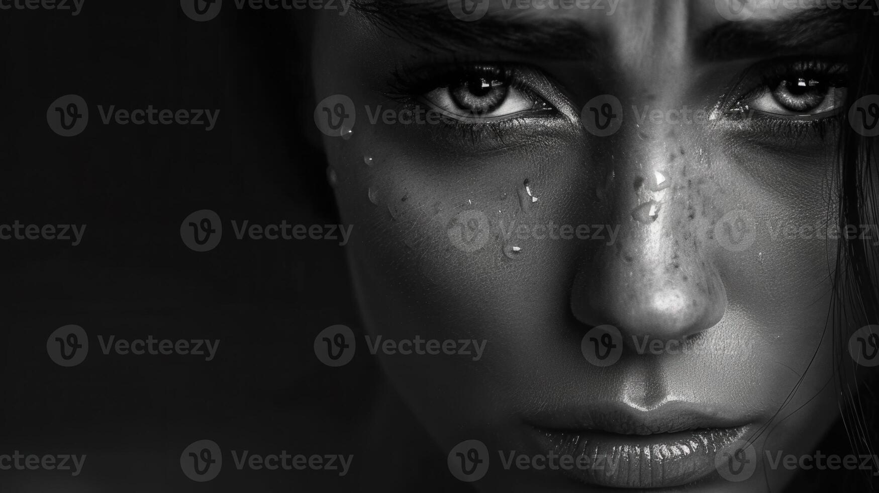 A striking black and white image captures a woman's face with glistening water droplets. photo