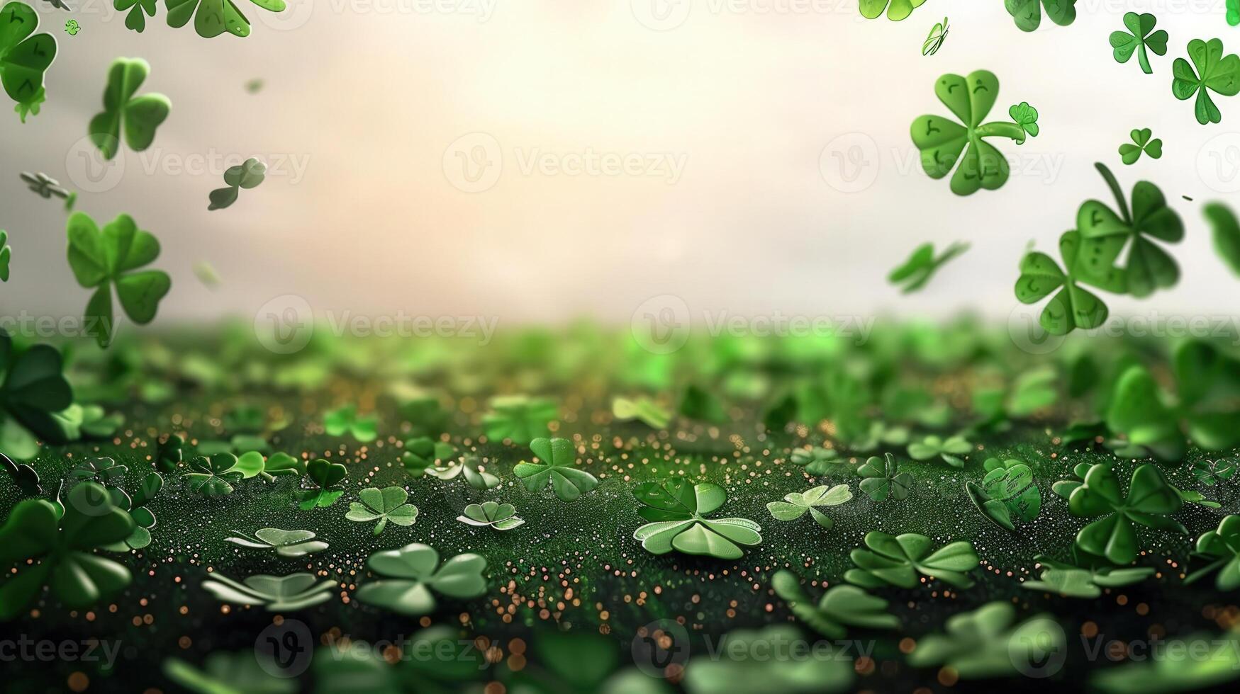 Floating shamrocks dance above a field, creating a vibrant and enchanting scene of St. Patrick's Day. photo