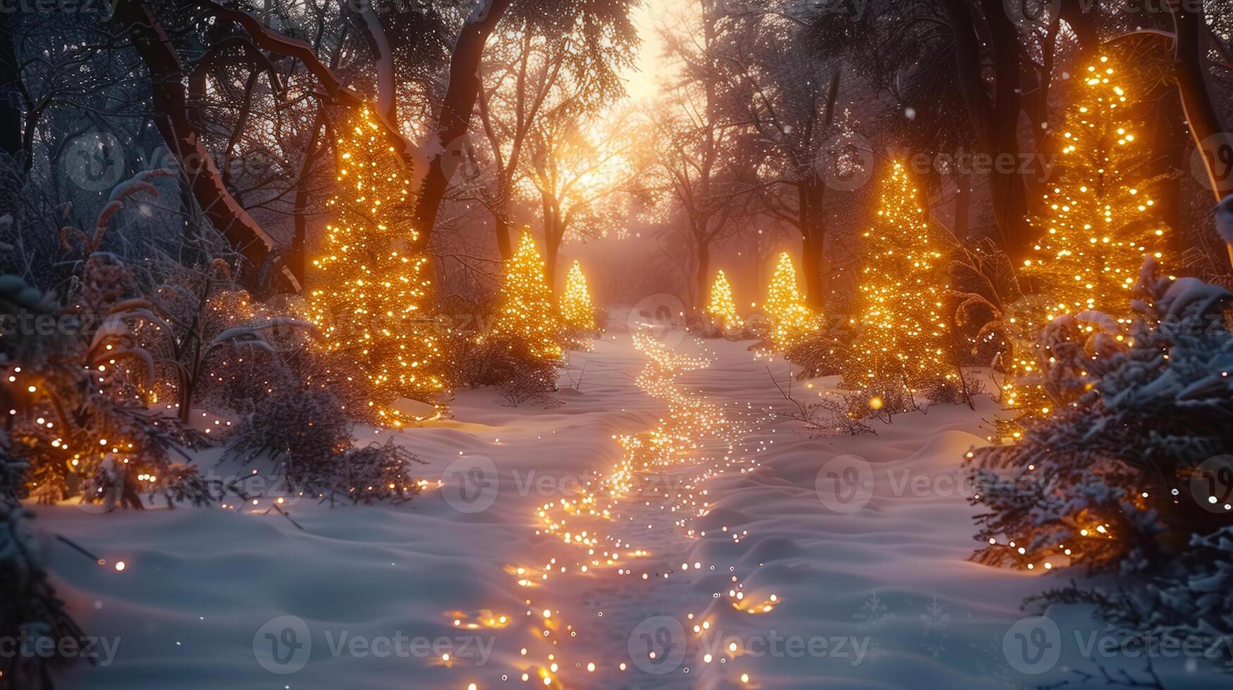 A mesmerizing winter forest path, illuminated with Christmas lights and covered in snow. photo