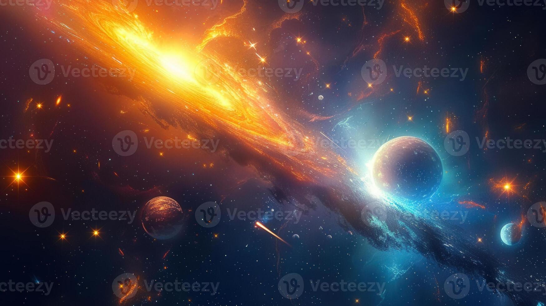 Mesmerizing artwork showcasing a vibrant nebula and planets against a starry cosmos background. photo
