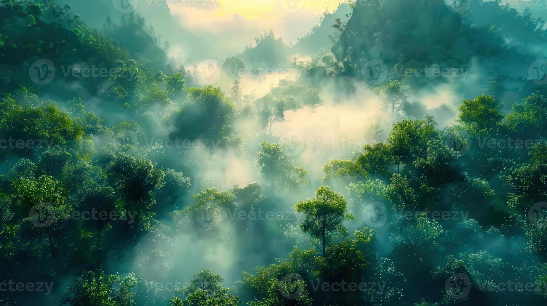 Breathtaking aerial view of a misty forest, offering a serene and tranquil natural landscape. photo