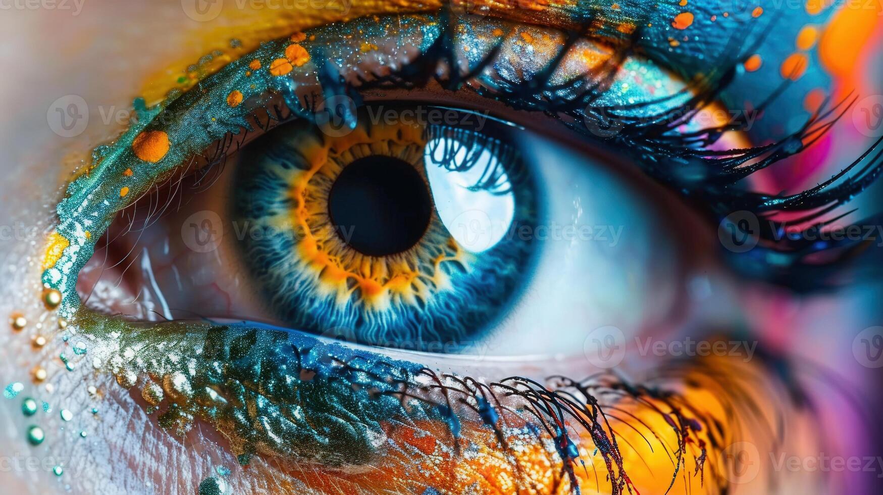 An amazing macro shot of an eye with detailed, artistic makeup in striking hues. photo