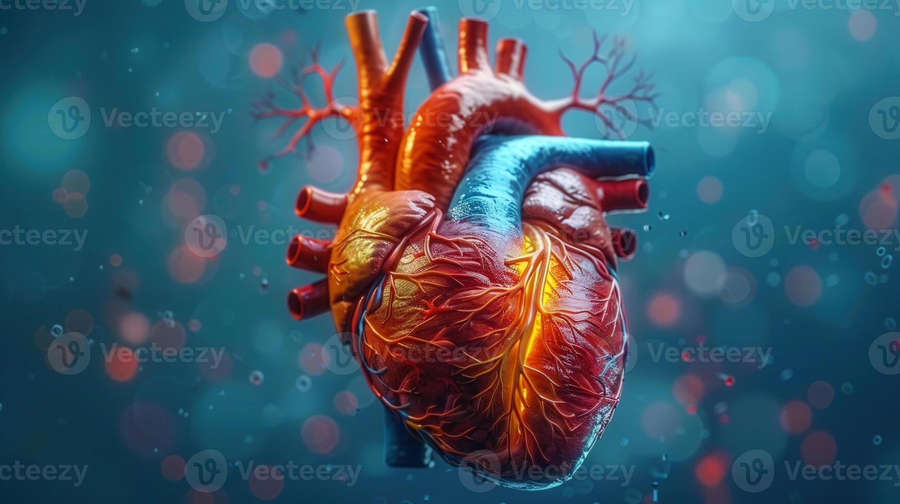 A captivating 3d rendering of a human heart, showing its intricate biological structure. photo