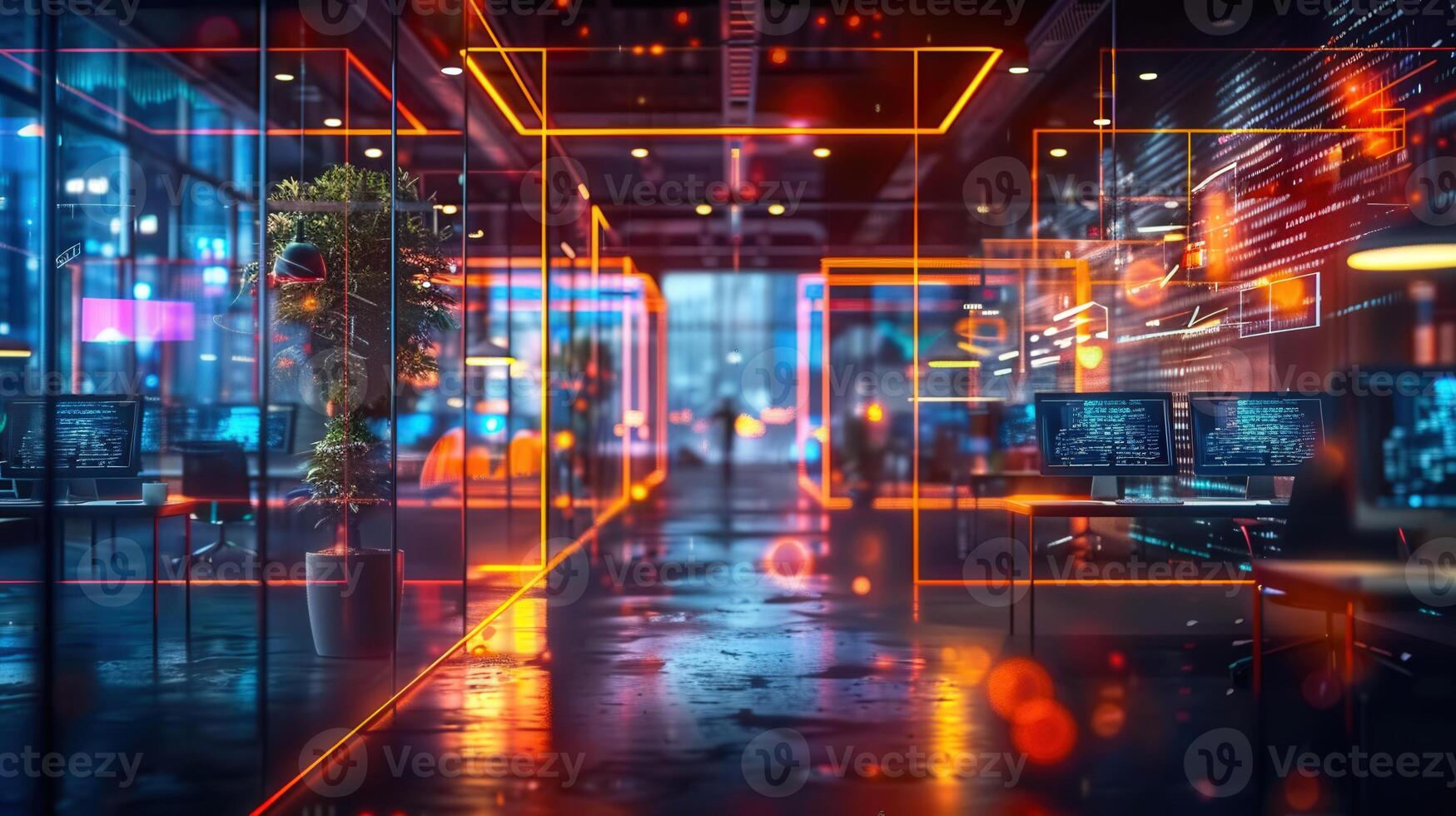 Inside a modern office with futuristic neon lights, a hub of technological innovation. photo