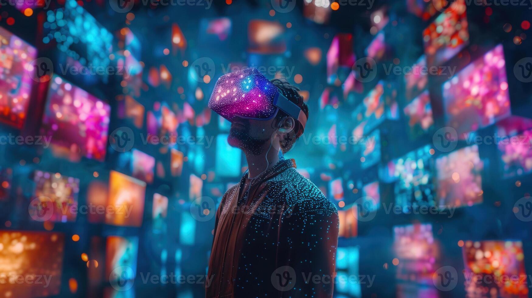 A man wearing a vr headset is immersed in a vibrant virtual world full of screens. photo