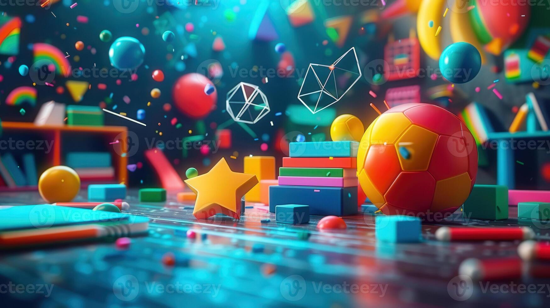 A whimsical collection of colorful toys and geometric shapes, perfect for a child's room. photo