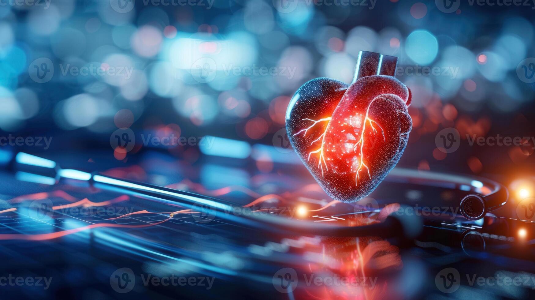 A glowing, digital heart with a stethoscope, representing healthcare and cardiology concepts. photo