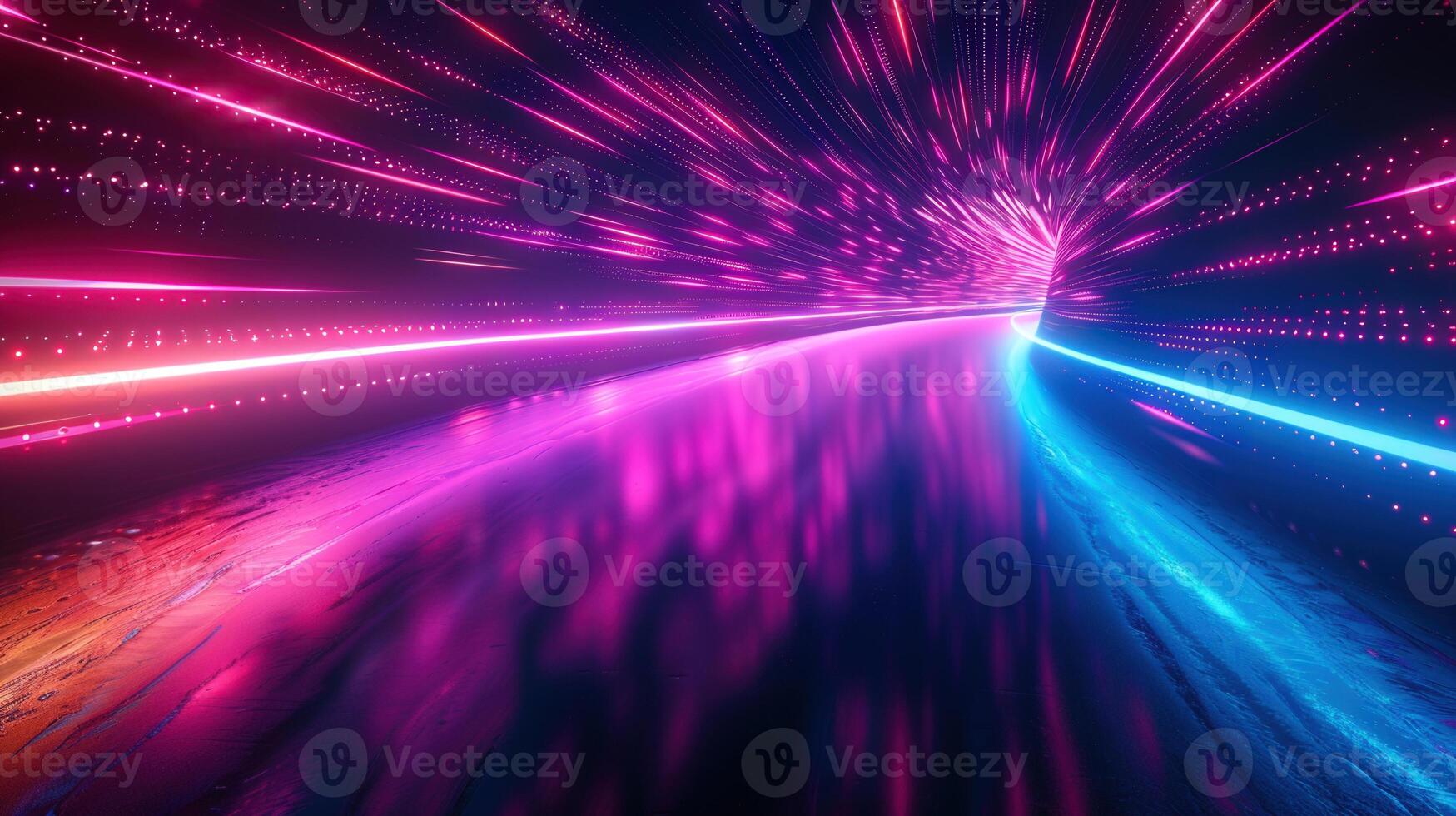 A vibrant, futuristic tunnel with glowing neon lights creating a sense of speed and energy. photo