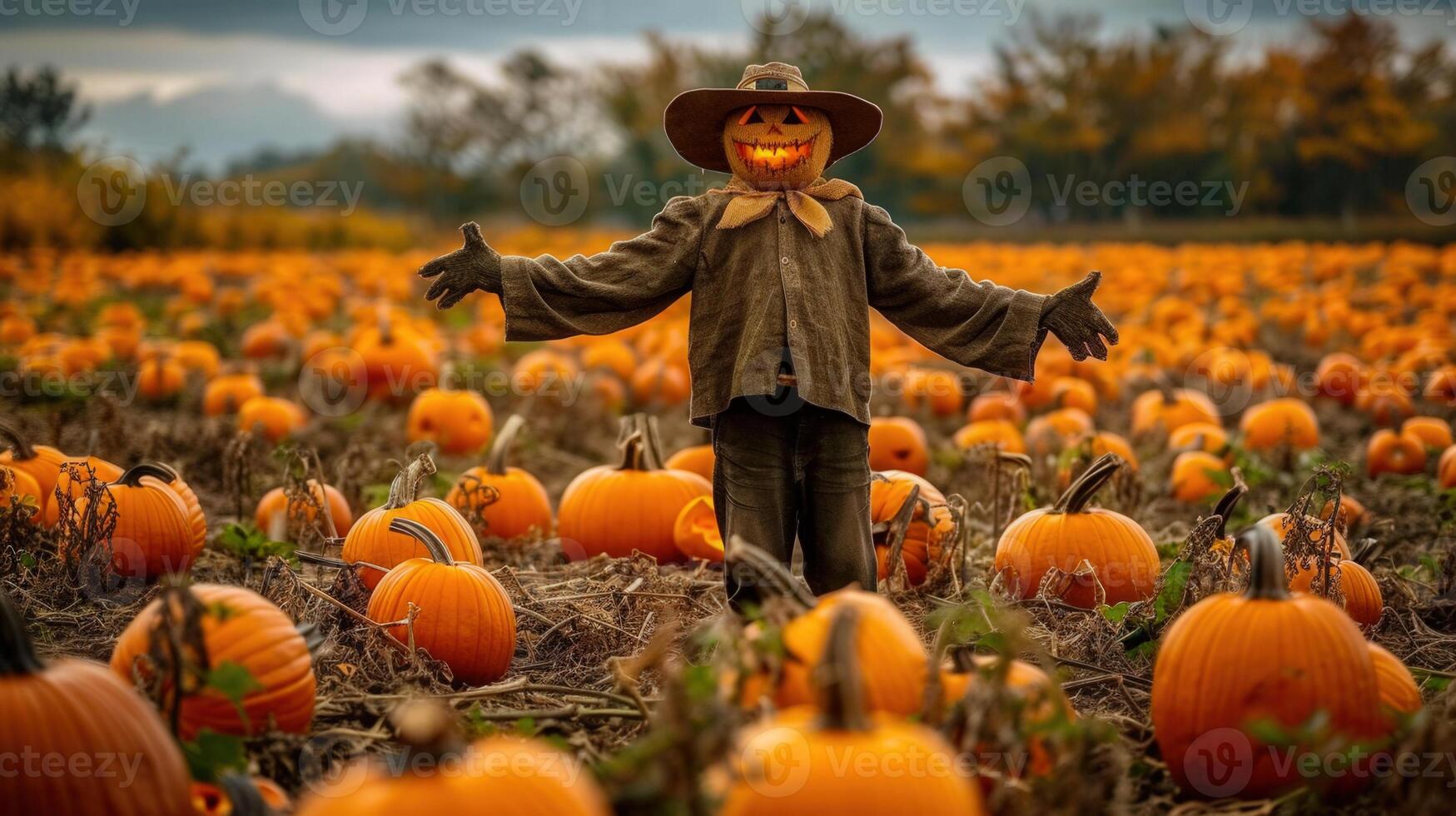 A friendly scarecrow stands amidst a field of pumpkins, welcoming autumn's arrival. photo