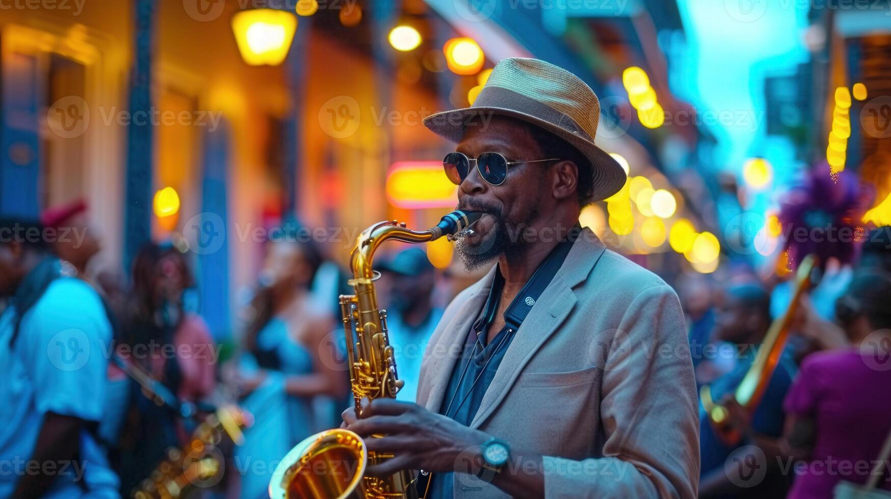 A saxophonist performs on a city street at night, surrounded by an engaged crowd enjoying the live music. photo