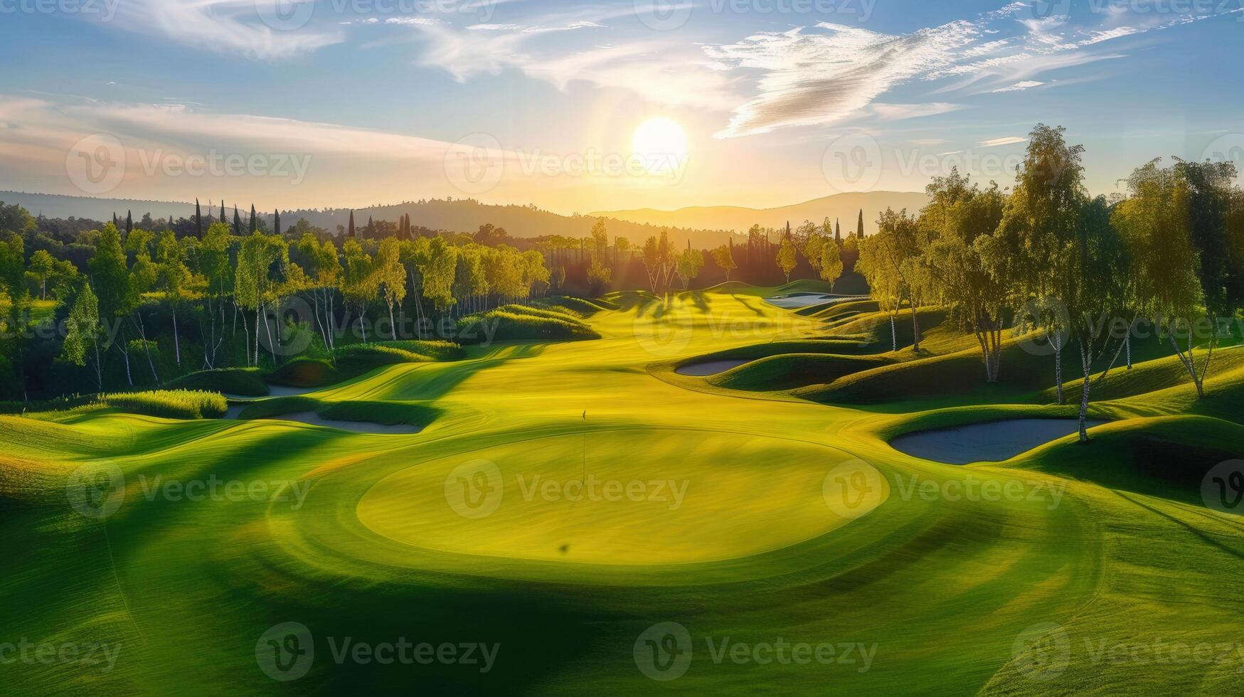 The setting sun casts long shadows over a beautifully manicured golf course, creating a serene atmosphere. photo