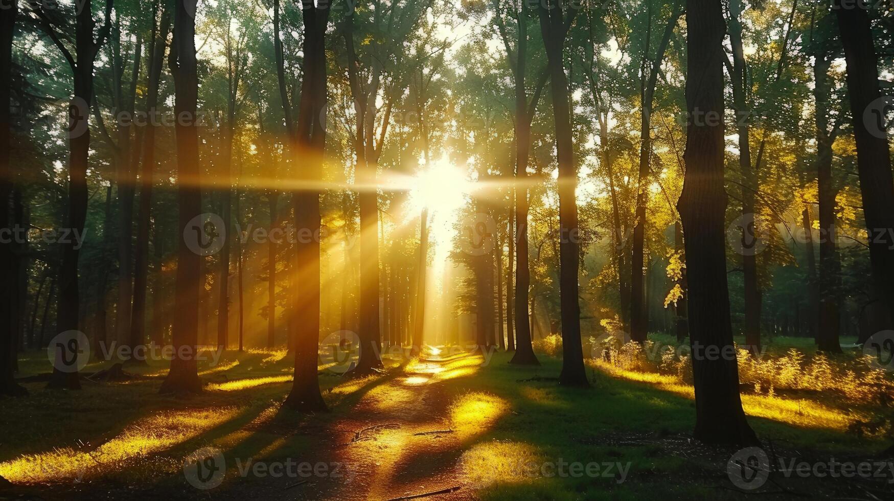 The sun shines through a forest, casting a beautiful golden light on a path. photo