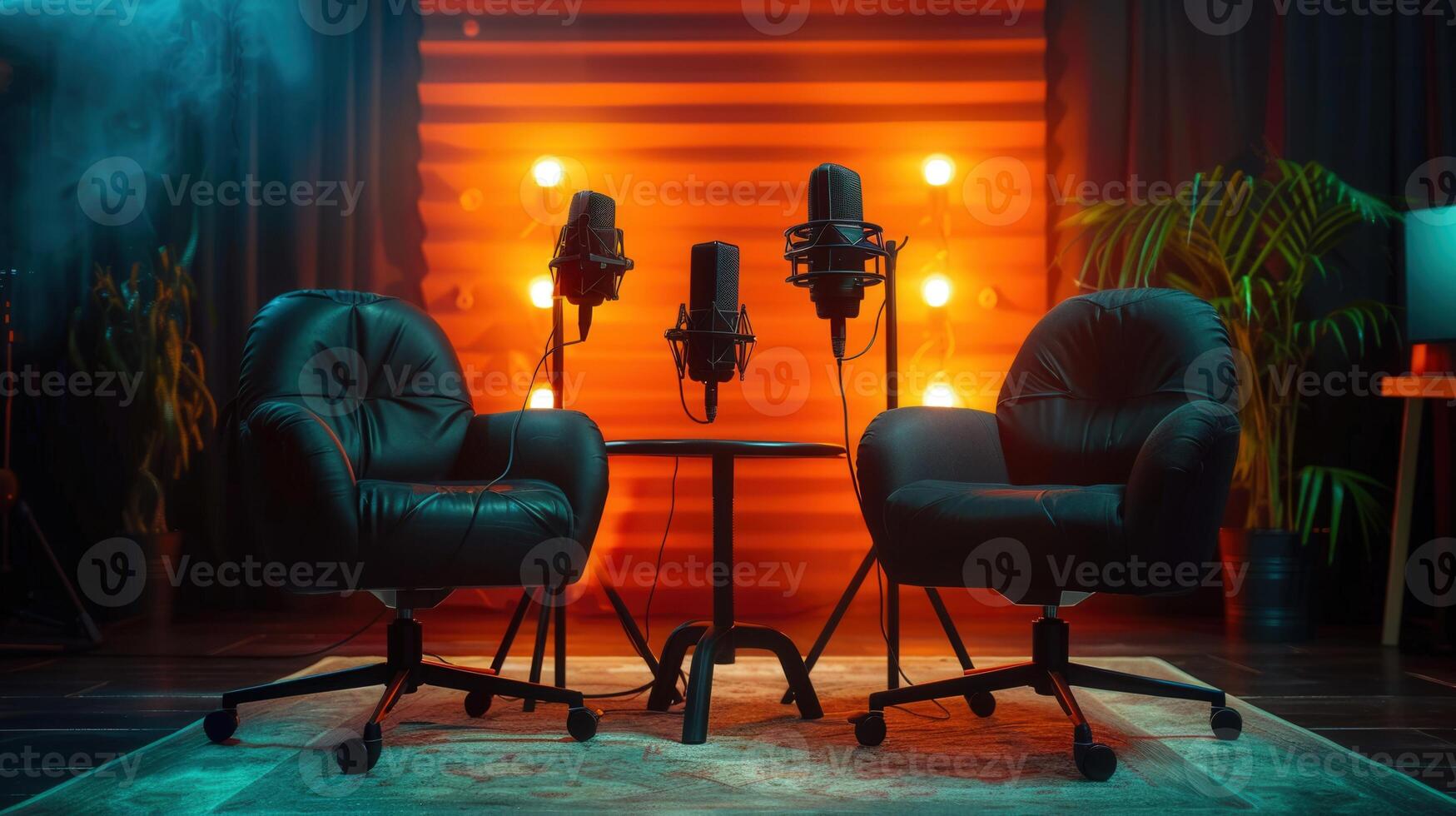 Cozy podcast studio featuring microphones set up for a recording session or interview. photo