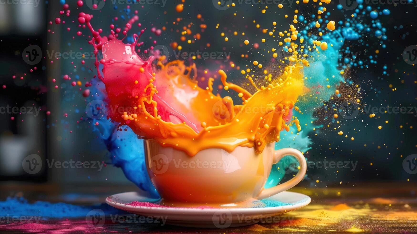 A coffee cup explodes with a dazzling array of colors in a captivating splash effect. photo