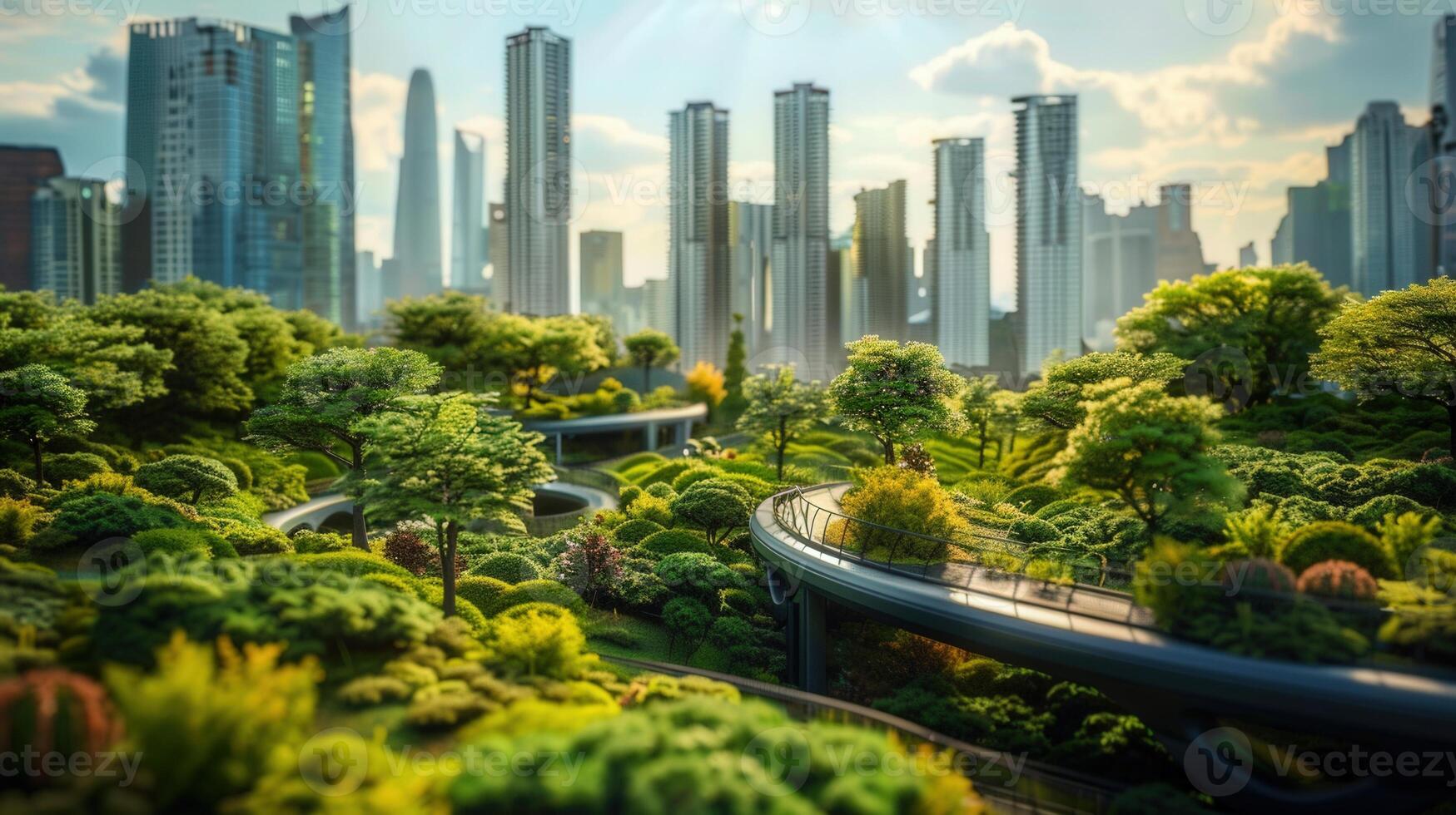 The image shows a beautifully designed urban park blending nature with modern city structures. photo