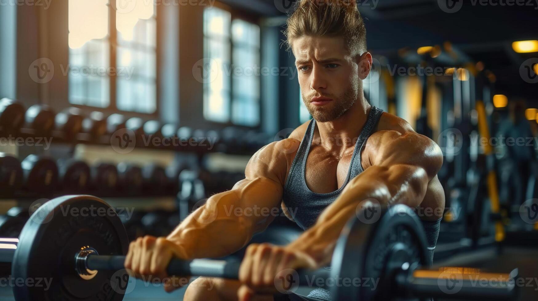 Focused bodybuilder lifts weights, emphasizing strength and dedication in a modern gym setting. photo