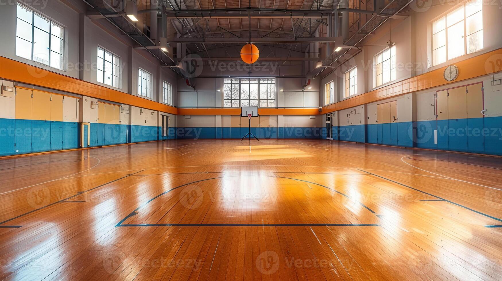 An empty indoor basketball court with polished wood flooring and natural light streaming through the windows. photo