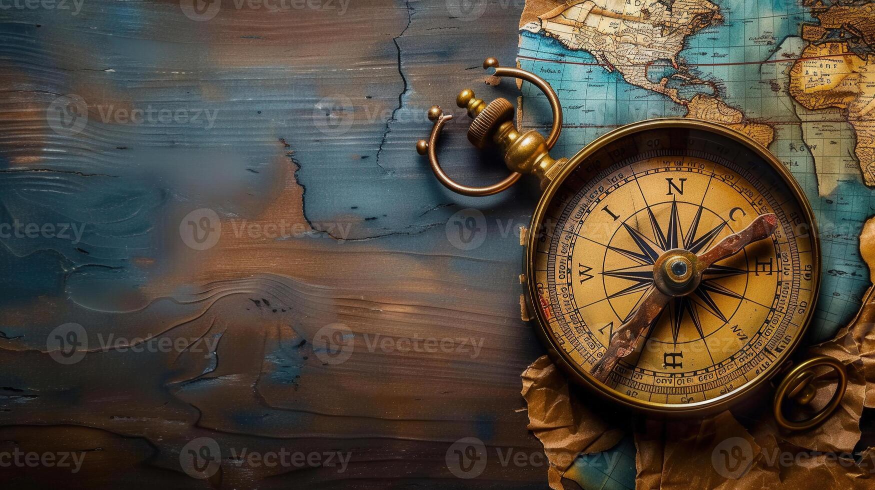 A captivating vintage compass rests upon a world map over a wooden surface, showing direction. photo