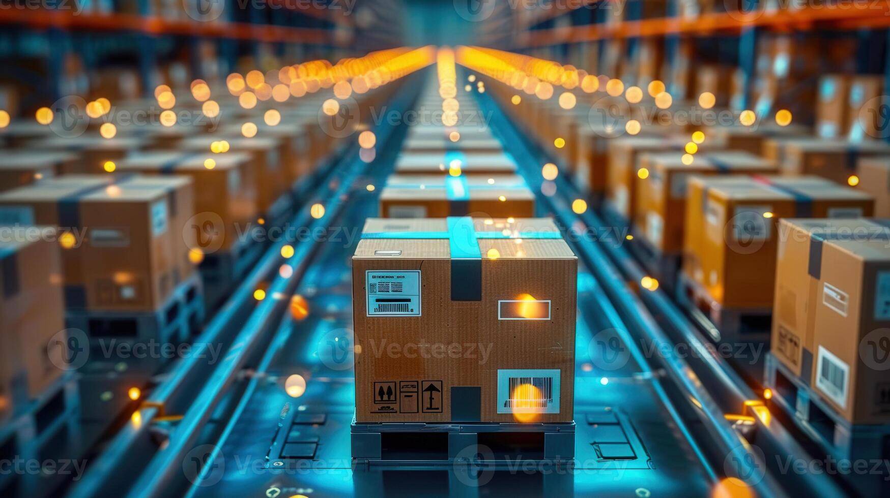 Cardboard boxes being transported on a conveyor belt in a warehouse environment. photo
