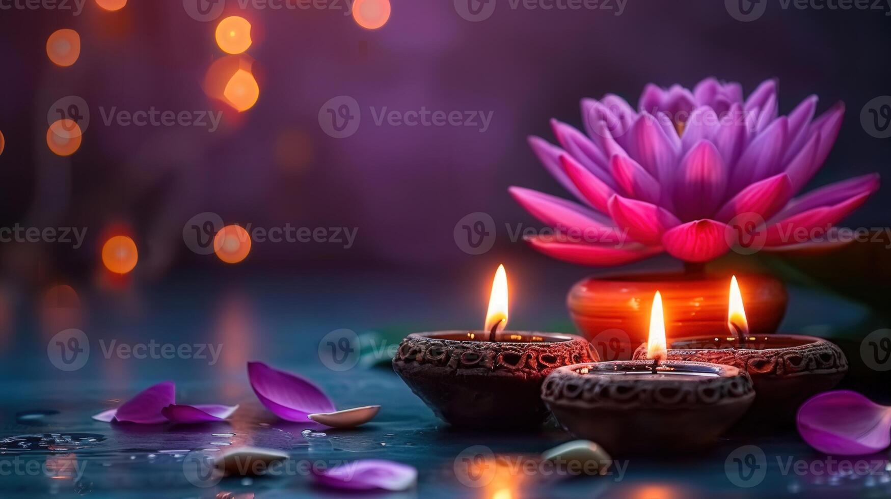 Close-up shot of lit candles, a vibrant lotus flower, and scattered petals for a serene ambiance. photo