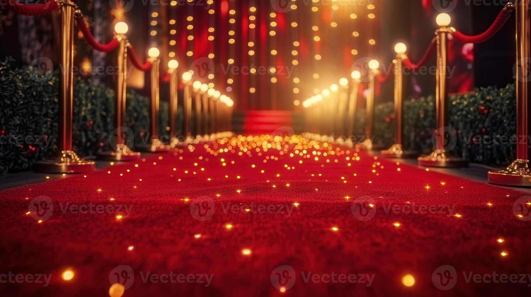 A long, red carpet with lights leads the way, ready for a glamorous and elite event. photo