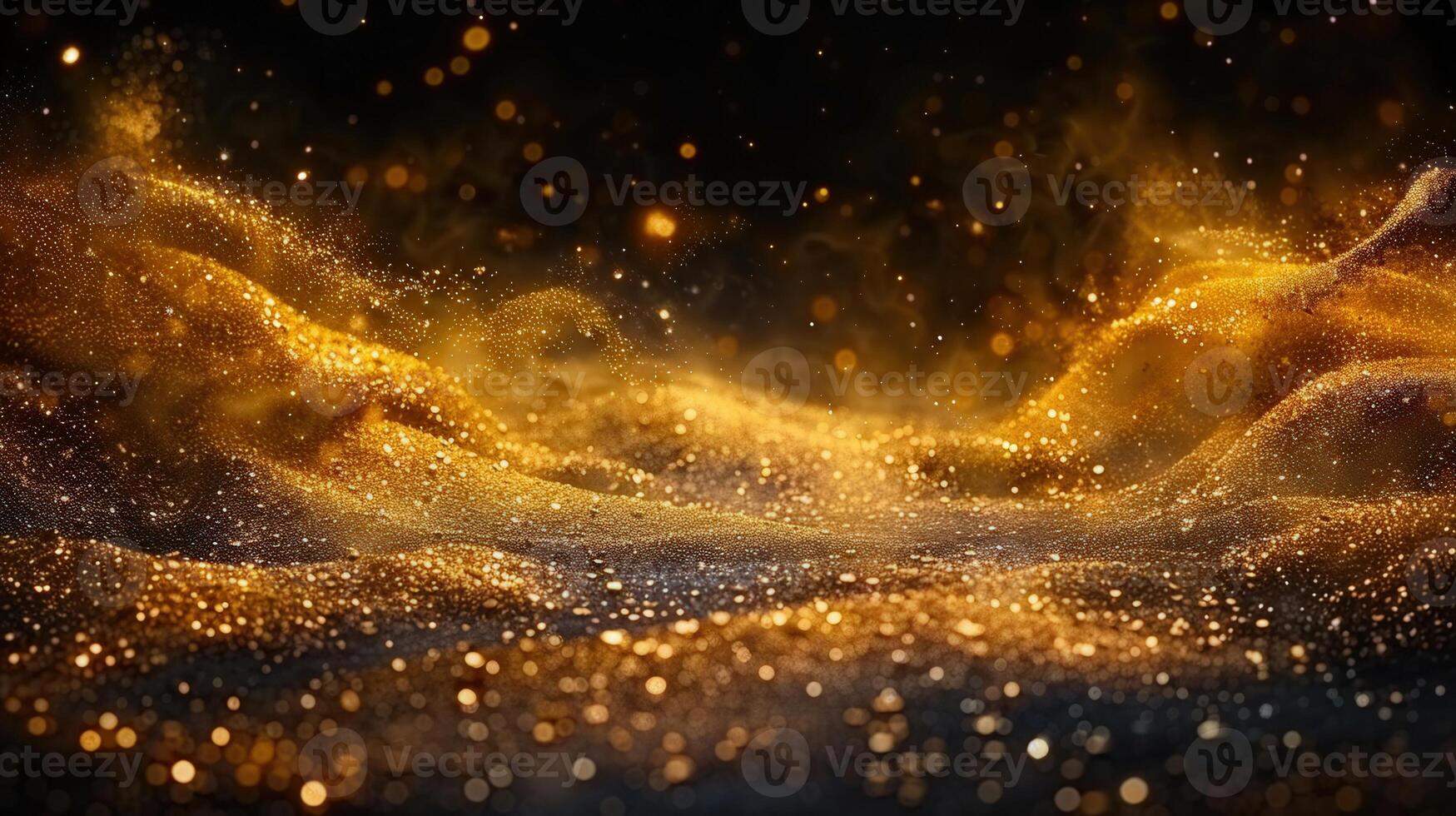 Golden glitter particles float, creating an elegant, glowing abstract background. photo