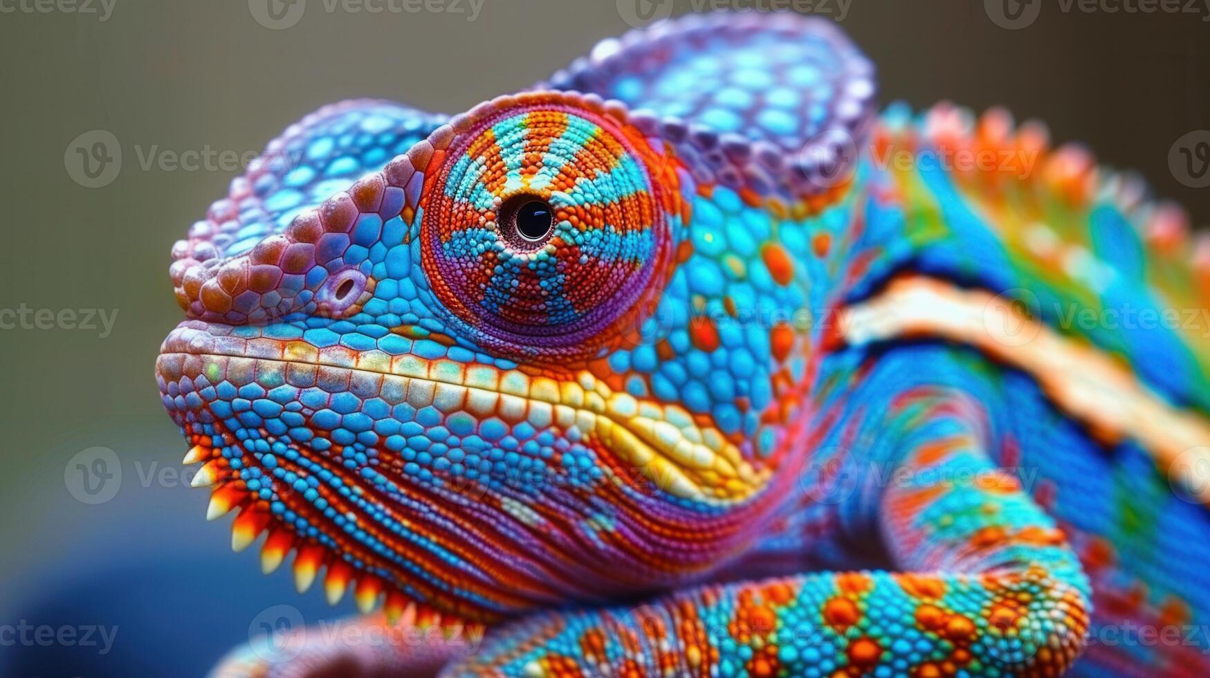 Spectacular view of a panther chameleon's vibrant skin, showing colorful, patterned scales up close. photo