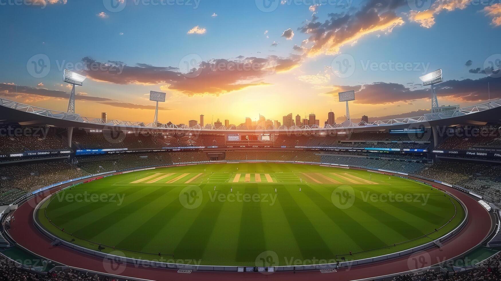 A vibrant cricket stadium, illuminated by the evening sun, set for a thrilling sports match. photo