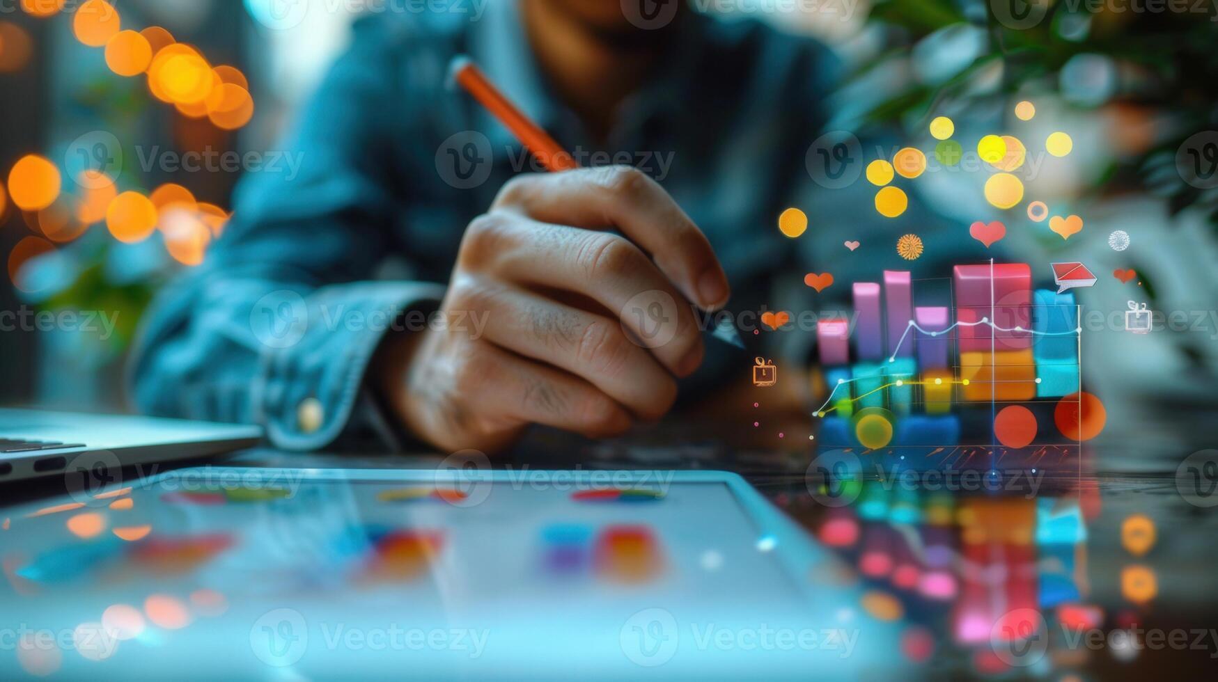 Creative person working on a tablet analyzing digital data with graphs and charts. photo