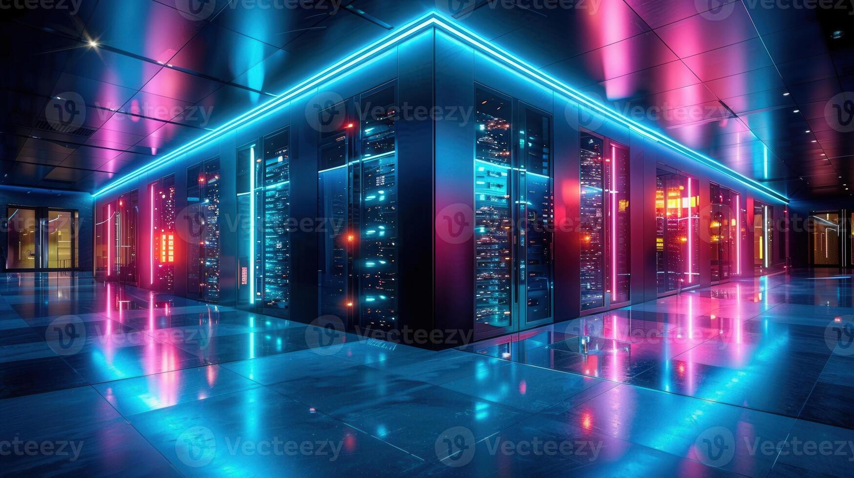 Vibrant neon lights illuminate a modern data center, showcasing advanced technology and data processing. photo