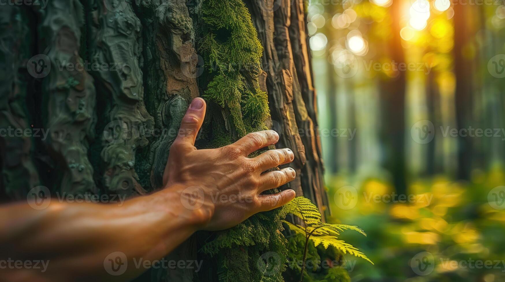 A hand gently touching a textured tree trunk with moss growing in a sunlit forest. photo