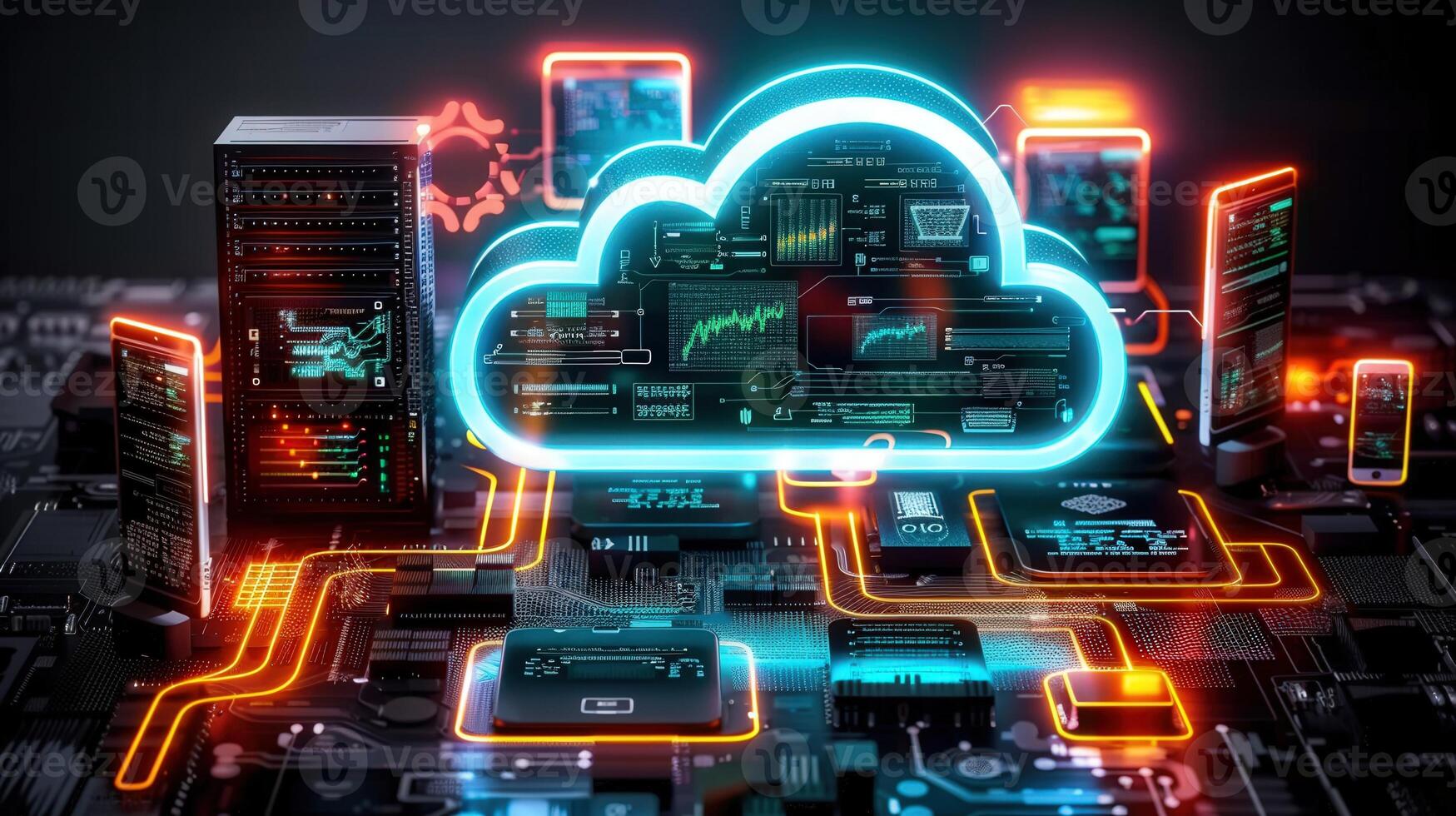 Modern depiction of cloud computing and data transfer with servers, and a digital network. photo