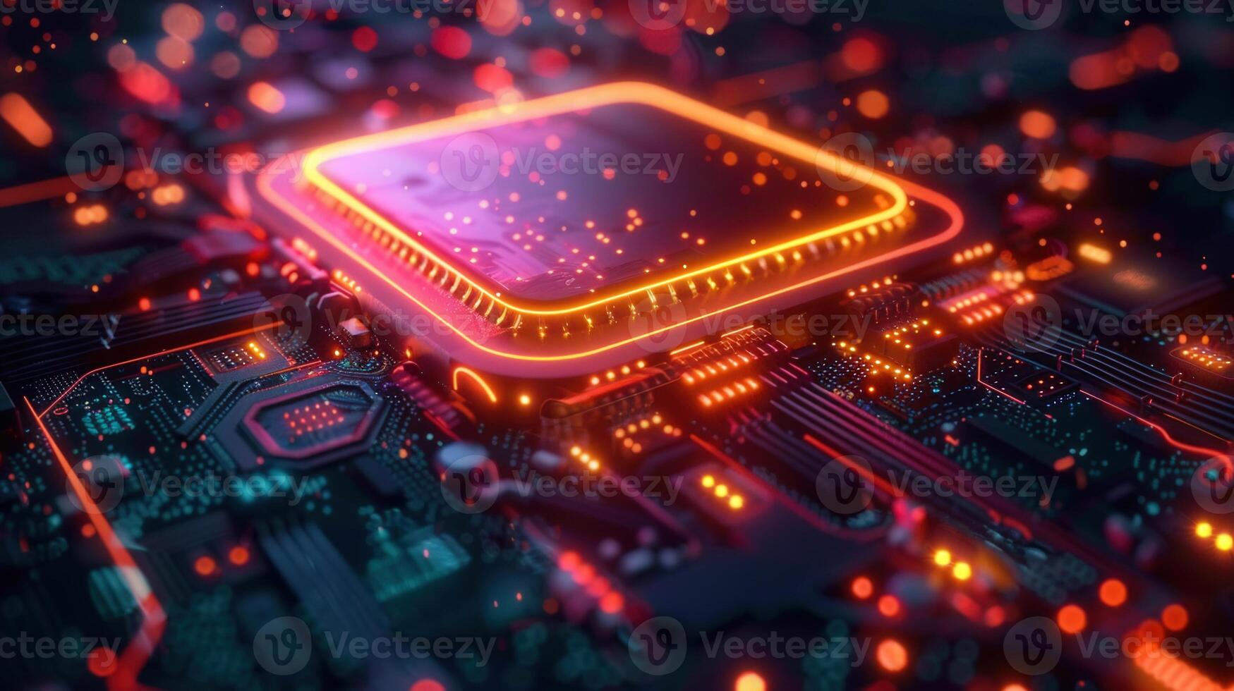 Intricate glowing circuit board and cpu render showcasing modern digital technology's core. photo