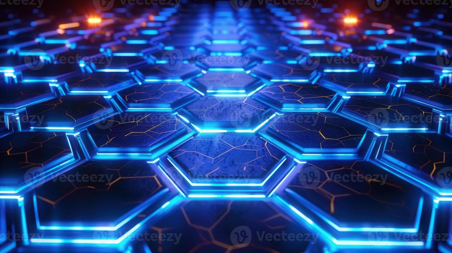 A detailed view of a blue, futuristic hexagonal grid lit with neon lights and texture. photo