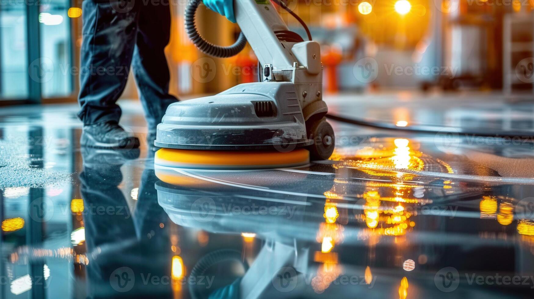 An industrial floor cleaning machine is at work, polishing a wet, reflective floor surface. photo
