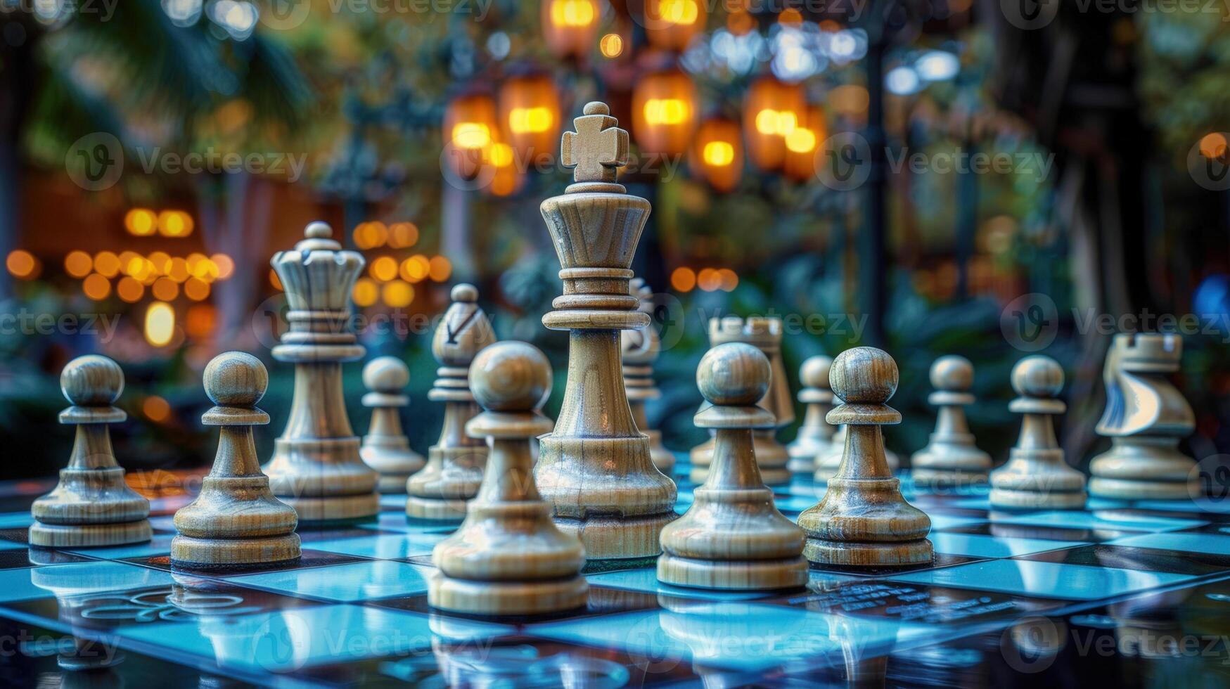 Wooden chess pieces arranged on a chessboard, with soft focus background lights in the distance. photo