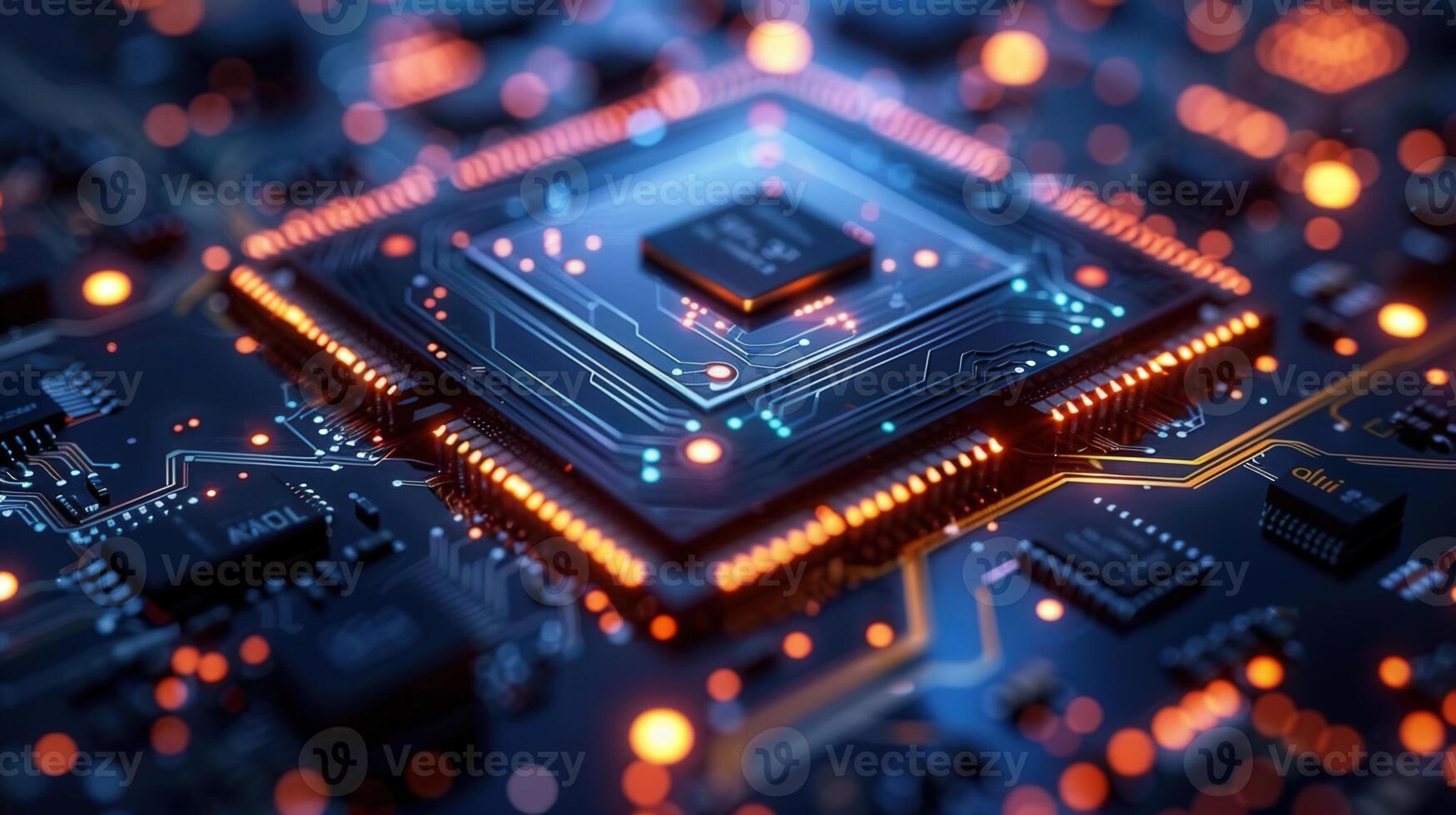 Close-up shot of a computer processor, highlighting its detailed circuitry and integrated design. photo