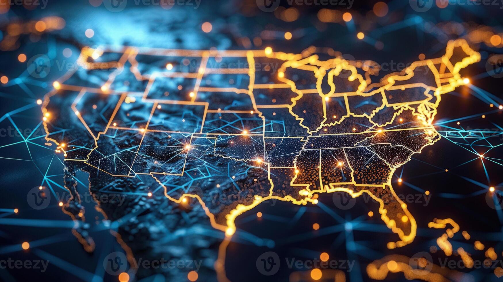The United States map, lit with digital lines and dots, symbolizing global connection and data. photo