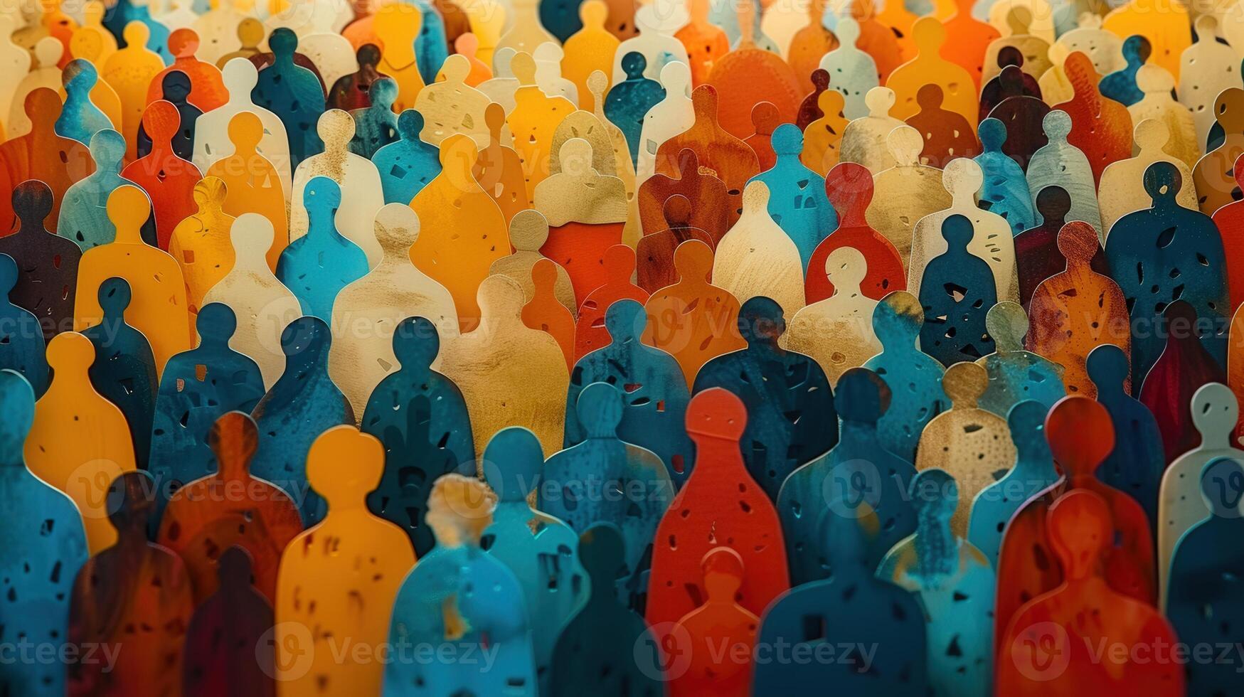 A vibrant and diverse representation of a crowd of people, depicted in colorful silhouettes. photo