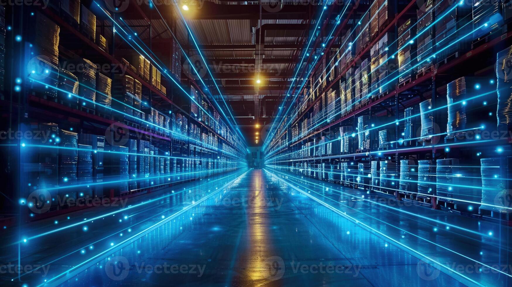 A modern warehouse interior displaying futuristic data lines, representing supply chain logistics and digital data flow. photo