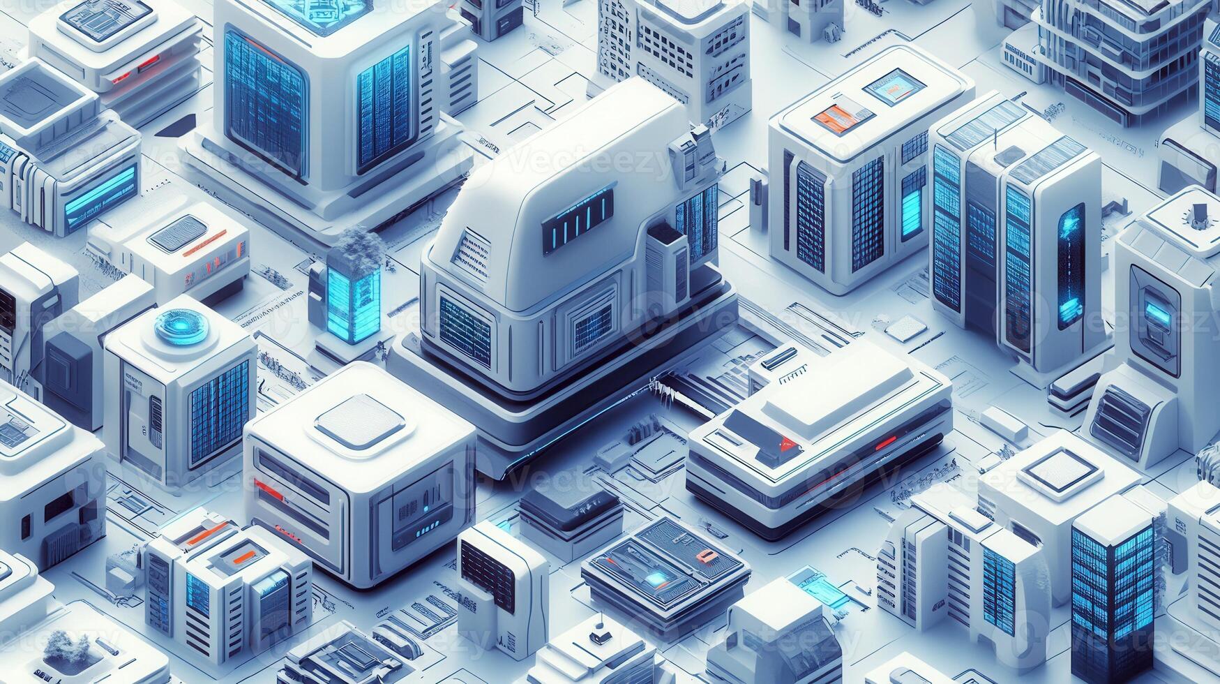 Isometric view of a futuristic digital city with high-tech buildings and data servers, a modern design. photo