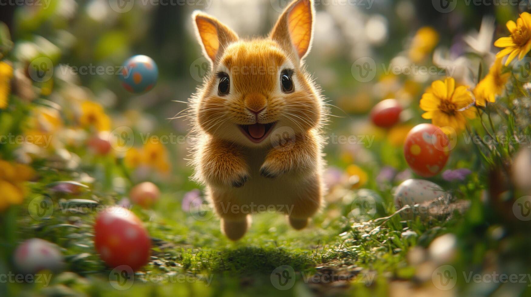 A delightful cartoon bunny, leaping with joy among colorful eggs in a spring garden scene. photo
