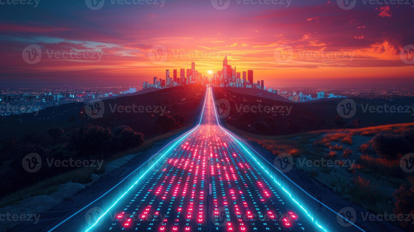 A digital road illuminated with neon lights leads towards a vibrant city skyline during sunset. photo