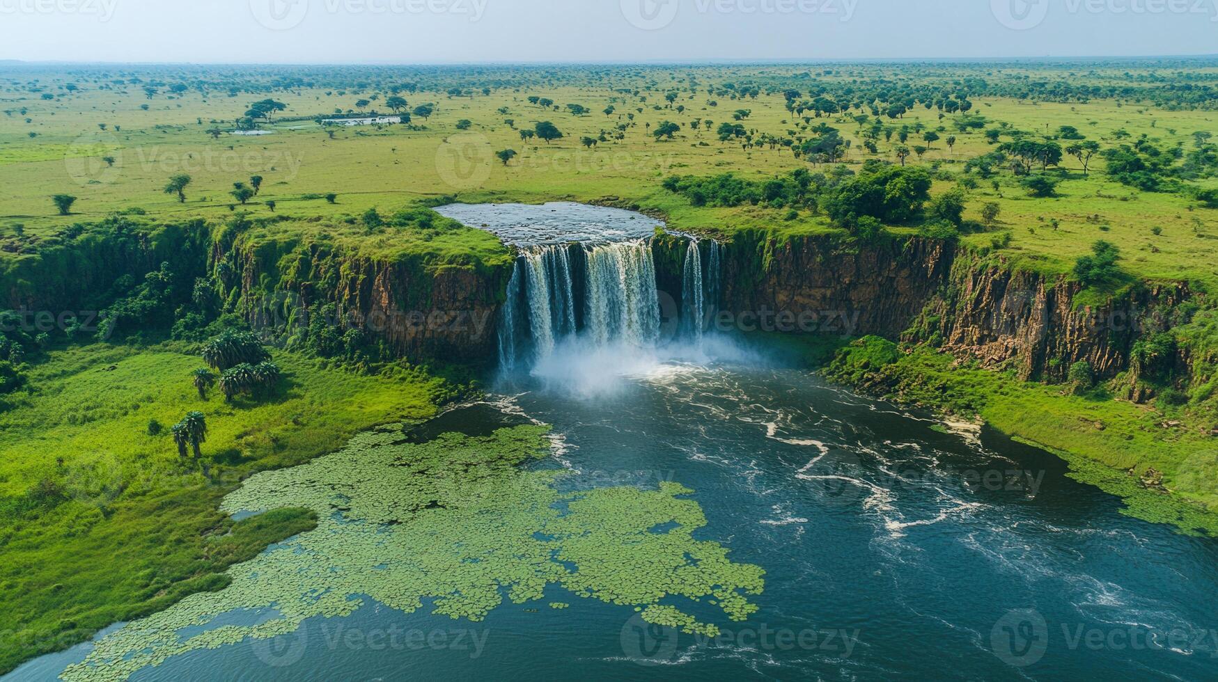 Beautiful cascading waterfall flows into a wide river within a vibrant, green landscape scenery. photo